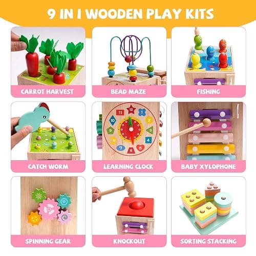 Montessori Jouet Bebe 1 an |9 en 1 Cube d'activités motrices dès 1 an |frapper la balle,Formes À Trier Empiler Jeu,Jouet de Récolte de Carottes,Jouet en Bois pour Cadeau Fille Garcon Bébés 2 3 4 Ans thumbnail 4