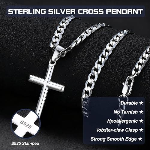Besteel 925 Sterling Silver Cross Necklace Beveled Edge for Men Women 5mm Stainless Steel Non Tarnish Durable Cuban Link Curb Chain Crucifix Pendant Necklace Jewelry 16-30 Inches Christian Baptism Gifts thumbnail 4