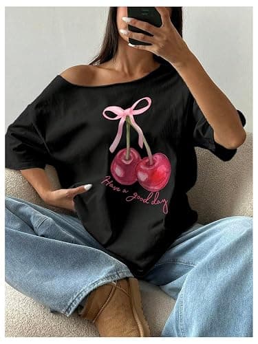 RoseSeek Women's Off The Shoulder Tops Floral Graphic Oversized Tshirts Shirts Y2k Summer Tops Trendy thumbnail 3
