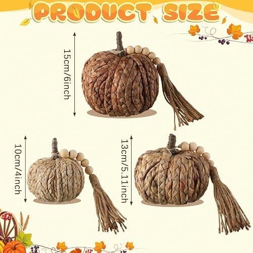 Wesiti 3 Pcs Rattan Pumpkin with Tassel Beads Boho Neutral Fall Thanksgiving Decor Handmade Artificial Woven Pumpkin Table Centerpieces Farmhouse Autumn Decorations for Indoor Mantel Harvest Halloween thumbnail 3