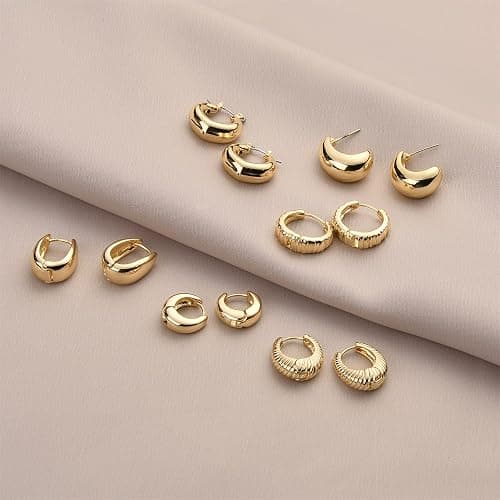 Wgoud Chunky Hoop Earrings Set 14K Gold Plated Hoop Earrings for Women Hypoallergenic, Thick Twisted Huggie Hoops Earring Set thumbnail 4