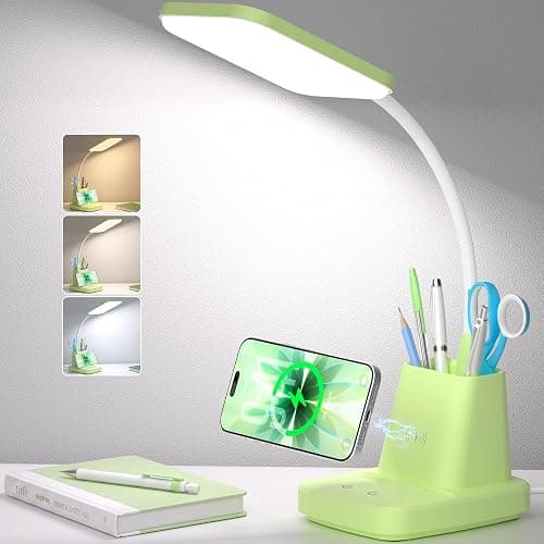 Sailstar Desk Lamp, LED Desk Lamps for Home Office, Wireless Charger Small Desk Lamp with Pen Holder, CRI 85, 800LM,3 Color Dimmable, Study Lamps for College Dorm Room, Adapter Included, Green - Image 1
