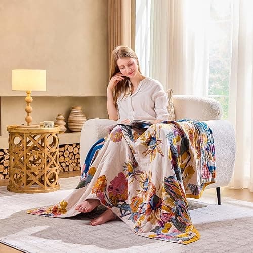 XIBLC Boho Throw Blanket, 100% Cotton Ultra Soft Luxury Throw Rustic Quilt, 50"x60" Floral Bird Butterfly Farmhouse Decor Bed Blankets, All Season Rustic Reversible Bohemian Throw for Bed - Yellow thumbnail 6