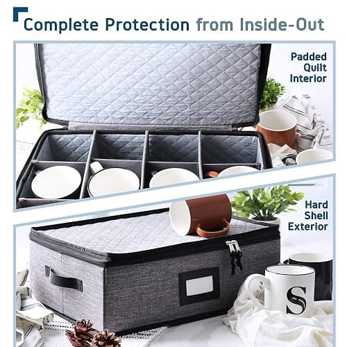 Hearth & Harbor Coffee Mug Storage, Quilted and Stackable Coffee Cup Storage Organizer for Service of 12, Mug Storage Box with Dividers, China Containers Hard Shell for Moving and Organization, Grey thumbnail 6