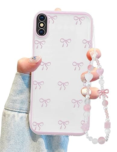 Jusy Compatible with iPhone X/XS Case, Cute Clear Ribbon Bowknot Pattern Aesthetic Soft TPU Transparent Cases Protective Phone Cover for Women Girly with Bracelet Chain - Pink - iPhone X/XS - Image 1
