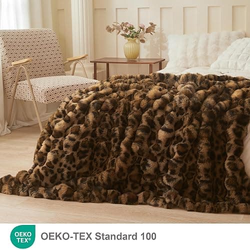 LIFEREVO Cheetah Print Luxury Fluffy Faux Rabbit Fur Throw 50x60, Brown | Leopard Print Plush Bubble Blanket for Bed Couch Sofa, Decorative Soft Furry Lap Throw for Bedroom Living Room Office thumbnail 2