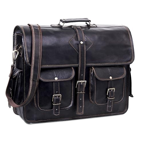 HULSH Black Leather Messenger Bag for Men and Women 18 Inch | Handmade Vintage Genuine Leather Laptop Bag for Men | Best Leather Briefcase Satchel Computer Crossbody Shoulder Bag for Work Office Use - Image 1