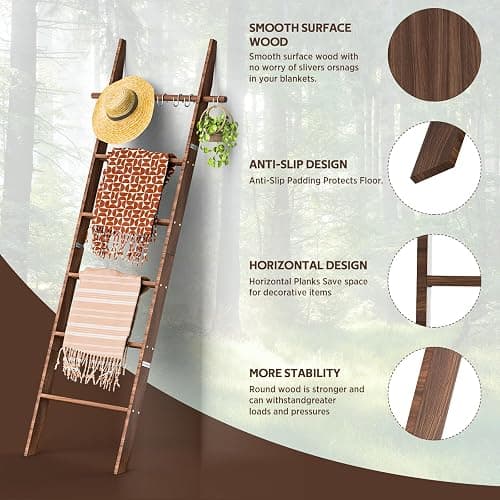 chilinii Farmhouse 6 Ft Wooden Blanket Ladder with Removable Hooks, 6-Tier Rustic Blanket Rack Decorative Stand, Leaning Towel Quilt Rack Holder for Bathroom Living Room Decor Brown thumbnail 6