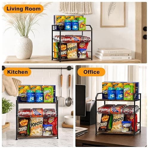 3 Tier Adjustable Snack Organizer for Countertop Wood Metal Rack | Large capacity snack stand, adjustable shelf & stable feet for kitchen pantry, office snack station & retail candy thumbnail 9