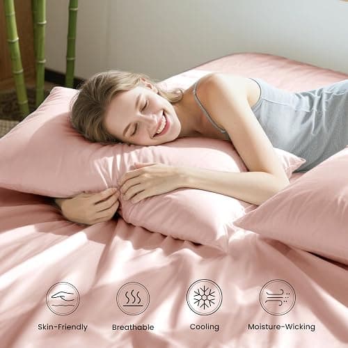 Love's cabin 4 Piece Queen Sheet Set, 100% Rayon Derived from Bamboo, Cooling & Breathable, Soft Silky Deep Pocket up to 16", Hotel Luxury Bedding for Hot Sleepers, Pink thumbnail 5