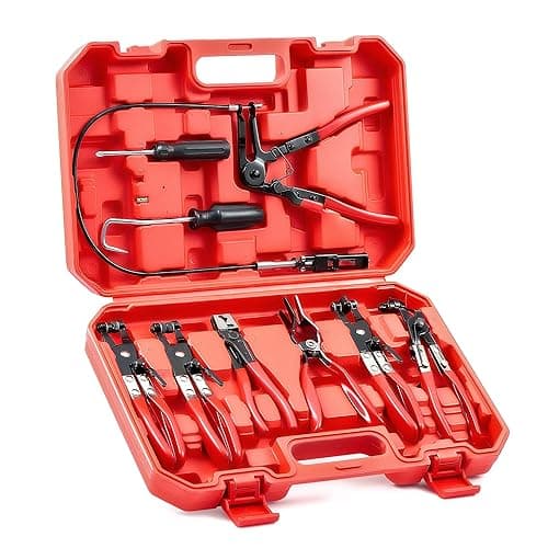 Orion Motor Tech Hose Clamp Pliers, Long Reach Wire Spring Hose Clamp Pliers Remover for Automotive Coolant Radiator Heater and Water Hose with Band Flat or Large Clamps - Red