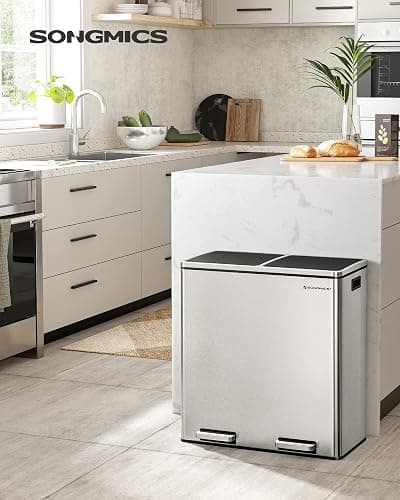 SONGMICS Trash Can, 2 x 8 Gallon (2 x 30 L) Garbage Can for Kitchen, with 15 Trash Bags, 2 Compartments, Plastic Inner Buckets and Hinged Lids, Airtight, Silver and Black ULTB60NL thumbnail 2