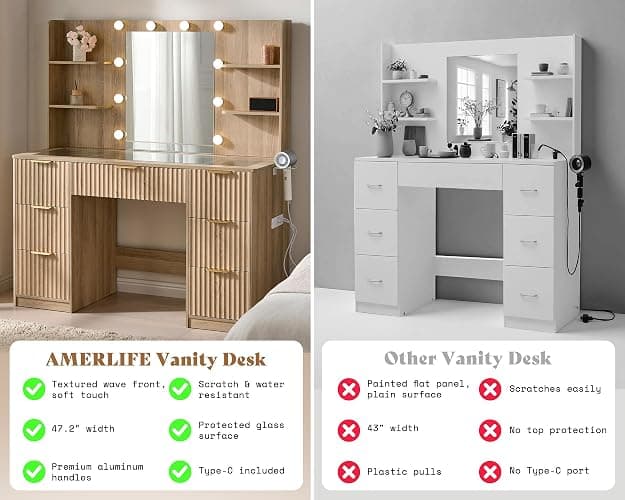 AMERLIFE 47.2" Fluted Vanity Desk with Mirror and Adjustable LED Lights, Large 7 Drawers Makeup Table with Glass Top and Charging Station for Women and Girls, Bedroom or Dorm, Natural Oak thumbnail 4