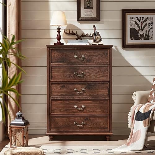 Joaxswe Farmhouse 5 Drawer Dresser for Bedroom, 45" Tall Rustic Chests of Drawers w/ 4 Solid Wood Feet, Mid Century Modern Wooden Closet Storage Dressers Organizer for Living Room, Hallway, Brown thumbnail 4