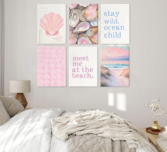 Pink Beach Preppy Canvas Wall art Coastal Granddaughter Aesthetic Room Painting Picture Wall Decor Shells Oyster Poster Print Artwork for Girls Room Girls Dorm Home Decoration thumbnail 8