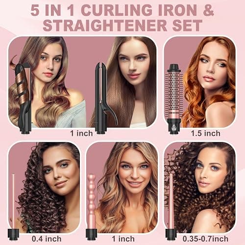5 in 1 Curling Wand Set, Curling Iron with Curling Brush,Hair Straightener & 3 Interchangeable Ceramic Curling Wand(0.35"-1"), Fast Heat Hair Wand Curler, Include Glove & 2 Clips for Women Girls Gift thumbnail 2