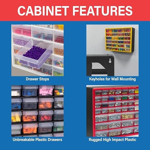 Akro-Mils 64-Drawer Plastic Drawer Storage Cabinet for Garage Organization, Bead Organizer, Building Bricks Storage, Teacher Toolbox, Makeup Organizer, 20" W x 6" D x 16" H, 10164 White thumbnail 5