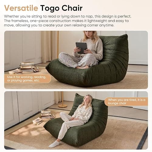Adults Bean Bag Chairs Togo Couch Comfy Lazy Floor Sofa, Green, 1 Seater thumbnail 4