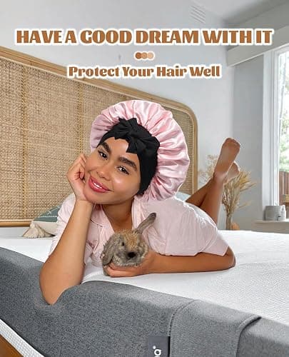Satin Bonnet Silk Bonnet for Sleeping Silk Sleep Cap Double Layer Hair Bonnet with Elastic Tie Band for Curly Hair Night Cap (Black + Peach Pink) thumbnail 5