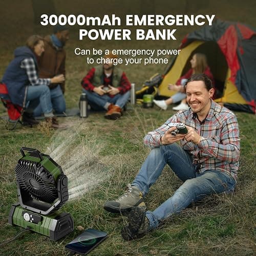 Odoland 30000mAh Camping Fan with LED Lantern, Rechargeable Battery Operated Oscillating with Remote & Hook, Portable Tent Fan with Timer, 4 Speeds for Outdoor Camp RV Jobsite Power Outage, Green thumbnail 5