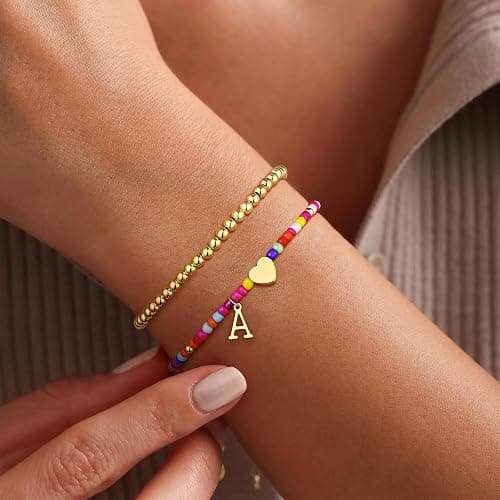 Ritach Colorful Initial Bracelets for Girls Women - 2PCS Real Gold Plated Stretchable Beaded Bracelets Boho Stackable Cute Heart Initial Bracelets for Girls Kids Teen Girl Gifts Birthday Gifts thumbnail 2