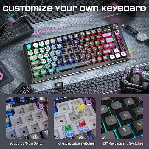 Redragon Wireless Mechanical Gaming Keyboard - Gasket-Mounted RGB Backlit, Custom Keys, 3-Mode(Bluetooth/2.4G/USB), Hot-Swap Pre-Lubed Switches, Screen & Control Knob - Cyber Mecha Style, Plasma Arc thumbnail 6