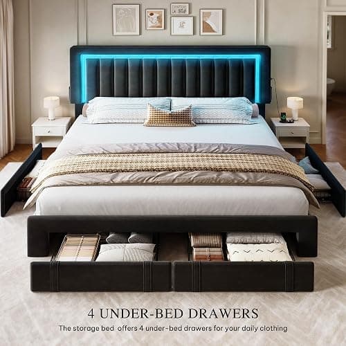 YITAHOME Queen Size Bed Frame with Adjustable Headboard, 4 Storage Drawers and RGB LED Lights, Velvet Upholstered Platform Bed with USB Ports, No Box Spring Needed, Fast Assembly, Noise-Free, Black thumbnail 7