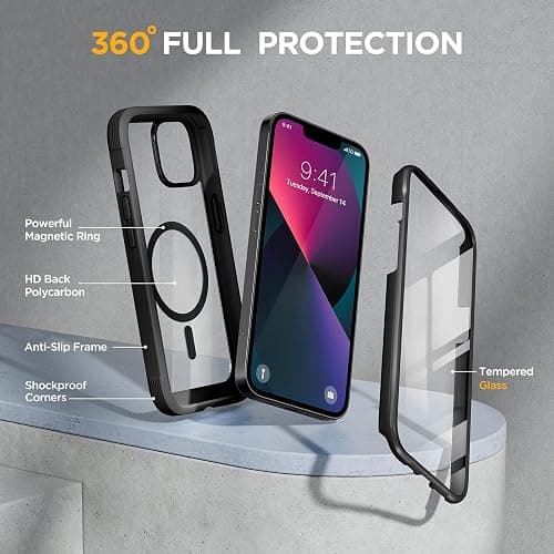 Miracase Glass Series Designed for iPhone 13 Case 6.1 inch, 2023 Upgrade Full-Body Magnetic Clear Bumper Case with Built-in 9H Tempered Glass Screen Protector,Black thumbnail 2