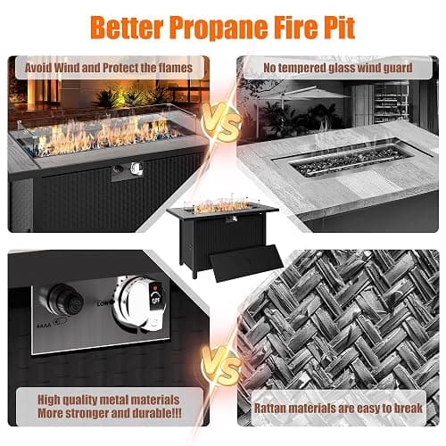 45 inch Outdoor Propane Fire Pit 50,000 BTU Gas Fire Pit Table with Lid, Glass Wind Guard, Waterproof Cover, Rectangle Gas Firepit Table for Garden/Patio, CSA Certification thumbnail 8