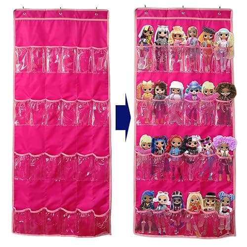 DUOLAM Hanging Over Door Toy Storage Organizer (24 Pockets), Compatible with LOL OMG Dolls Surprise Doll (Toys Not Included), (57.5''x22'') (pink) - Image 1