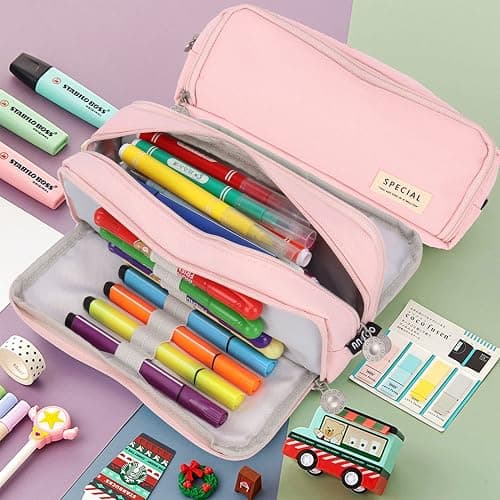 Pencil Case Pink, Pen Case for Adult with Double Zippers Closure, Stationery Supplies Cute Pen Pouch with Compartments for Middle High School Student Kids Boy Girl Teen Adult (Pink) thumbnail 7
