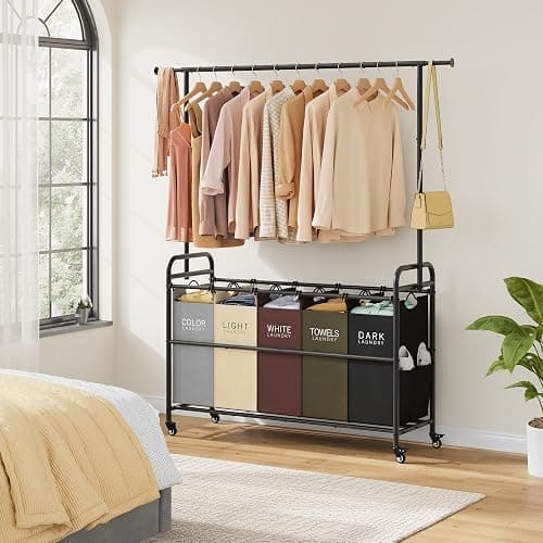Tajsoon Laundry Sorter Cart with Hanging Rack, 5 Section Laundry Hamper, 246L (65 Gal.) Laundry Basket with Wheels, Removable Hamper Organizer for Dirty Clothes Bathroom Cloakroom, 5 Colors thumbnail 8