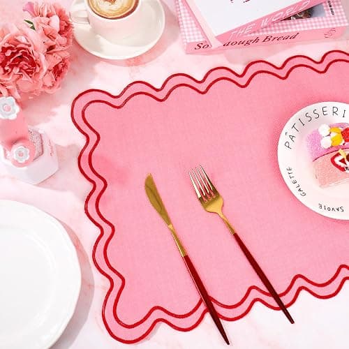 Whaline Pink Red Placemats Embroidered Scalloped Kitchen Place Mats for Wedding Baby Shower Party Home Dining Table Decor, Set of 6, 13 x 19 in thumbnail 2