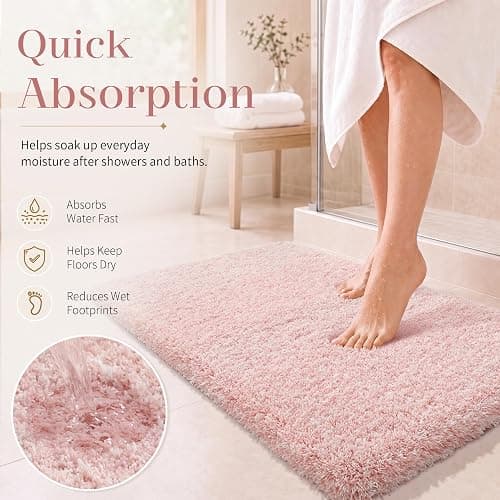 Yimobra Light Pink and White Bathroom Rugs Non Slip Washable, Ultra Soft and Water Absorbent Bath Mats, Plush Fluffy Shower Mat Outside, Microfiber Thick Matts for Bathroom Floor/Sink, 24x17 thumbnail 8