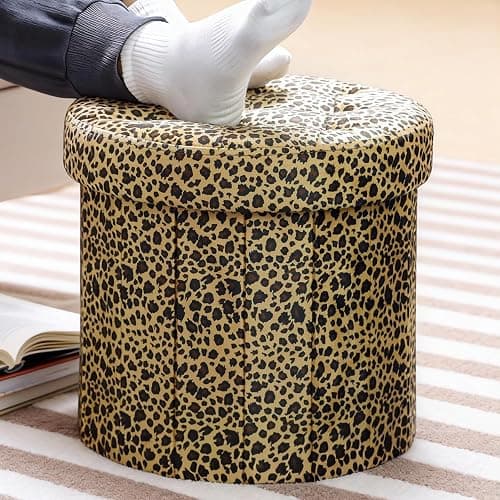 AmasSmile Storage Ottoman Folding Foot Rest Stool, 14x14x13 inch Small Velvet Footstool Bench, Short Ottoman Bench, Storage Foot Rest Store, Blanket Chest, Leopard Print - Image 1