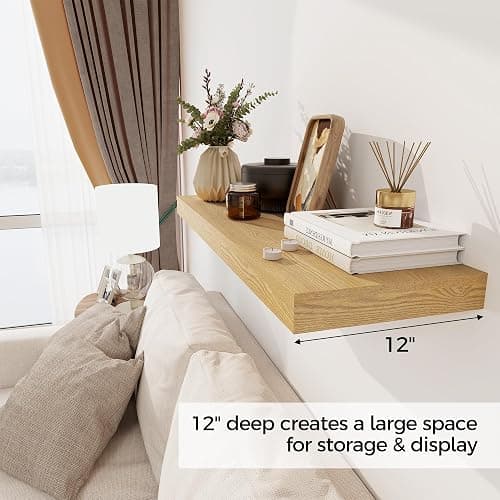 Floating Shelves 36 Inch Long, 12 Inch Deep Floating Shelves for Wall, 36 x 12 Shelves for Wall Storage & Display, 2" Thick Floating Shelf for Bathroom, Living Room, Bedroom, Oak Color, Set of 1 thumbnail 4