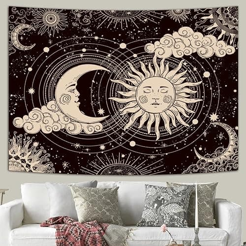 Wonrizon Sun and Moon Tapestry, Aesthetic Black Dark Spiritual Tapestries Mystic Burning Sun with Clouds Star Wall Hanging decor for Bedroom (51.2" x 59.1") thumbnail 4