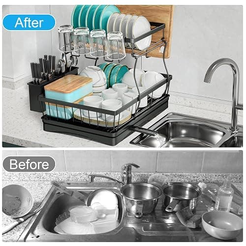7 code Large Dish Drying Rack for Kitchen Counter, Detachable Large Capacity Dish Drainer Organizer, 2-Tier Dish Racks with Utensil Holder, Black thumbnail 6