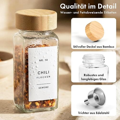EDELHAUS Gewürzgläser Eckig Set mit Bambusdeckel (24 x 120ml) Gewürzstreuer mit Streueinsatz und 240 Etiketten Weiß - Holzdeckel Gewürzbehälter, Gewürzdosen, Gewürze organizer [11cm x 4,5cm] thumbnail 8