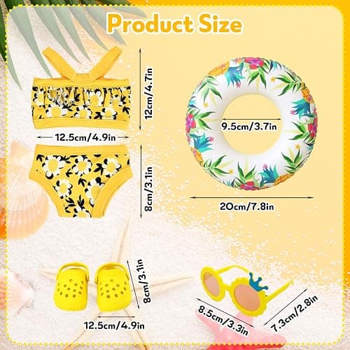 WanderGo 4 Teilig Badeanzug Puppen Set Puppenkleidung Sommer Schwimmset für 35–45 cm Schwimmpuppe Gelb Badeanzug mit Blumenmuster, Schwimmring, Sonnenbrille, Strandschuhe Puppenzubehör thumbnail 3