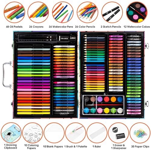 Art Supplies, 180 Pack Drawing Painting Set for Kids Girls Boys Teens, Coloring Art Kit Gift Case with Clipboard, Coloring Papers, Oil Pastels, Crayons, Colored Pencils, Watercolor Cakes, Markers thumbnail 2