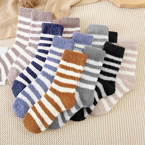 KIKAWORD Cozy Soft Fluffy Slipper Socks for Men and Women,8 Pairs Plush Slipper Sock,Winter Sleeping Warm Sock,Cozy Fuzzy Sleep Bed Thermal Stripe Soft Warm Socks thumbnail 7