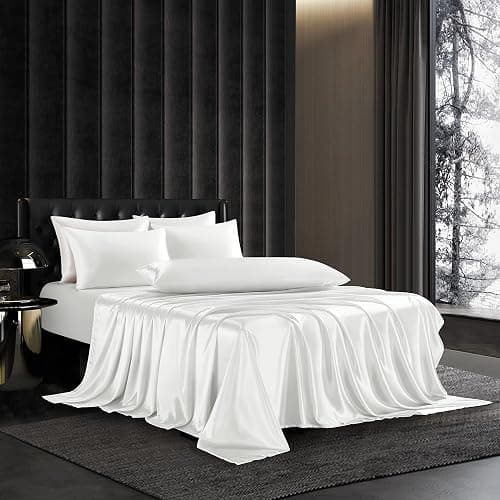 HommxJF 5Pcs White Satin Sheets Set Breathable Luxury Silky Satin Bedding Set with 1 Flat Sheet,1Deep Pocket Fitted Sheet,3Pillowcase thumbnail 2