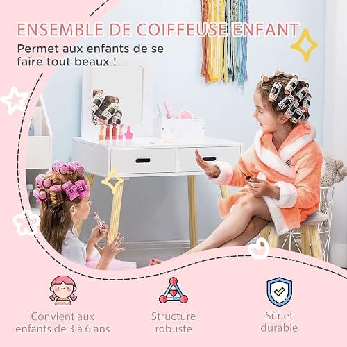 ZONEKIZ Coiffeuse Enfant Table de Maquillage avec Tabouret Miroir et 2 tiroirs 3 à 6 Ans - 60 x 40 x 95 cm - Blanc et Bois thumbnail 4
