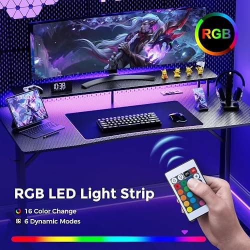 COMHOMA 55 Inch Gaming Desk with USB Charging Ports and LED Lights, Computer Desk with Monitor Stand for Home Office, Modern Gamer Desk Table with Mouse Pad & Side Hook, Colorful thumbnail 6