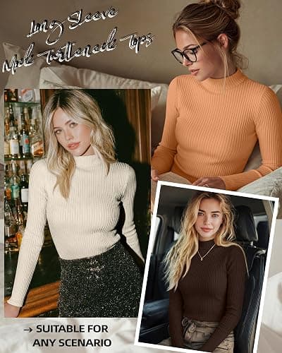 Riyiper 3 Pack Women's Mock Neck Tops Ribbed Long Sleeve Shirts | Mock Turtlenecks, Slim Fitted Undershirts, Basic Workout Layering Tees, Turtle Necks Blouses, Ladies' Business Casual Clothes thumbnail 4