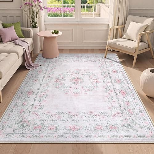 Wonnitar Floral Bow Pink Rug for Bedroom, Washable 5x7 Area Rug for Girls Nursery, Ultra-Thin Non Slip Soft Boho Carpet for Kids Room Dorm Living Room, Light Pink thumbnail 9