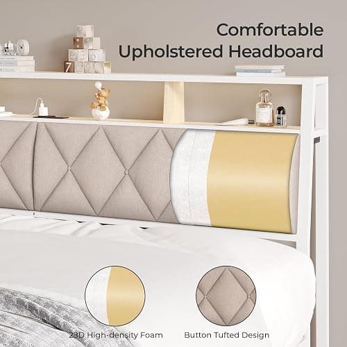 Salamir Full Headboard Only, Headboard for Full Size Bed with Storage, Upholstered Headboards with LED Lights & Charging Station, Attach Frame, Ideal for Bedroom/Dorm/Guest Room, White & Beige thumbnail 3
