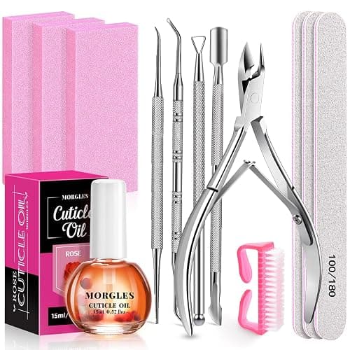 MORGLES Cuticle Remover Kit, 100/180 Nail File and Nail Buffer Blocks, 1 Pcs Rose Cuticle Oil and Professional Pedicure Manicure Tools, Nipper Cutter for Fingernails and Toenails - Image 1