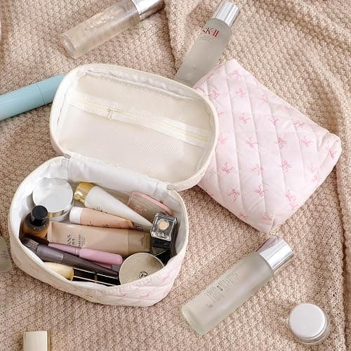 uekeboag Large Travel Quilted Makeup Bag for Women, Floral Cotton Cosmetic Bag, Coquette Aesthetic Floral Toiletry Organizer Bag thumbnail 5